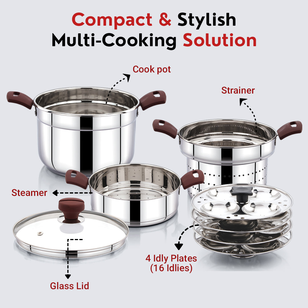 Avias Kitchen Pro Multipurpose Cookpot with Glass Lid Included Steamer, Strainer and 4 Idly Plates (16 Idlies) for Easy Cooking, Triply Bottom