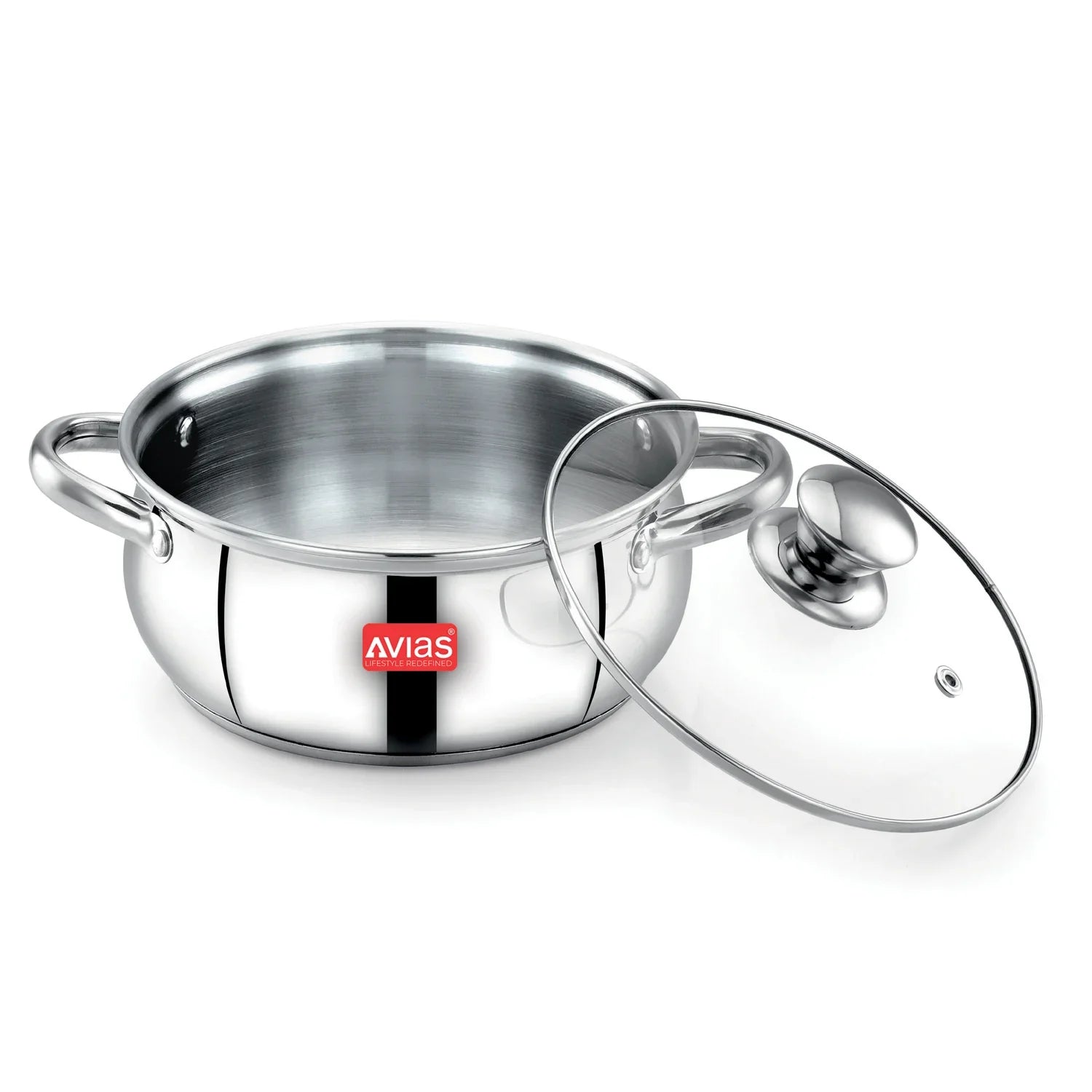 AVIAS Inox IB stainless steel cookpot with glass lid with steam vent open