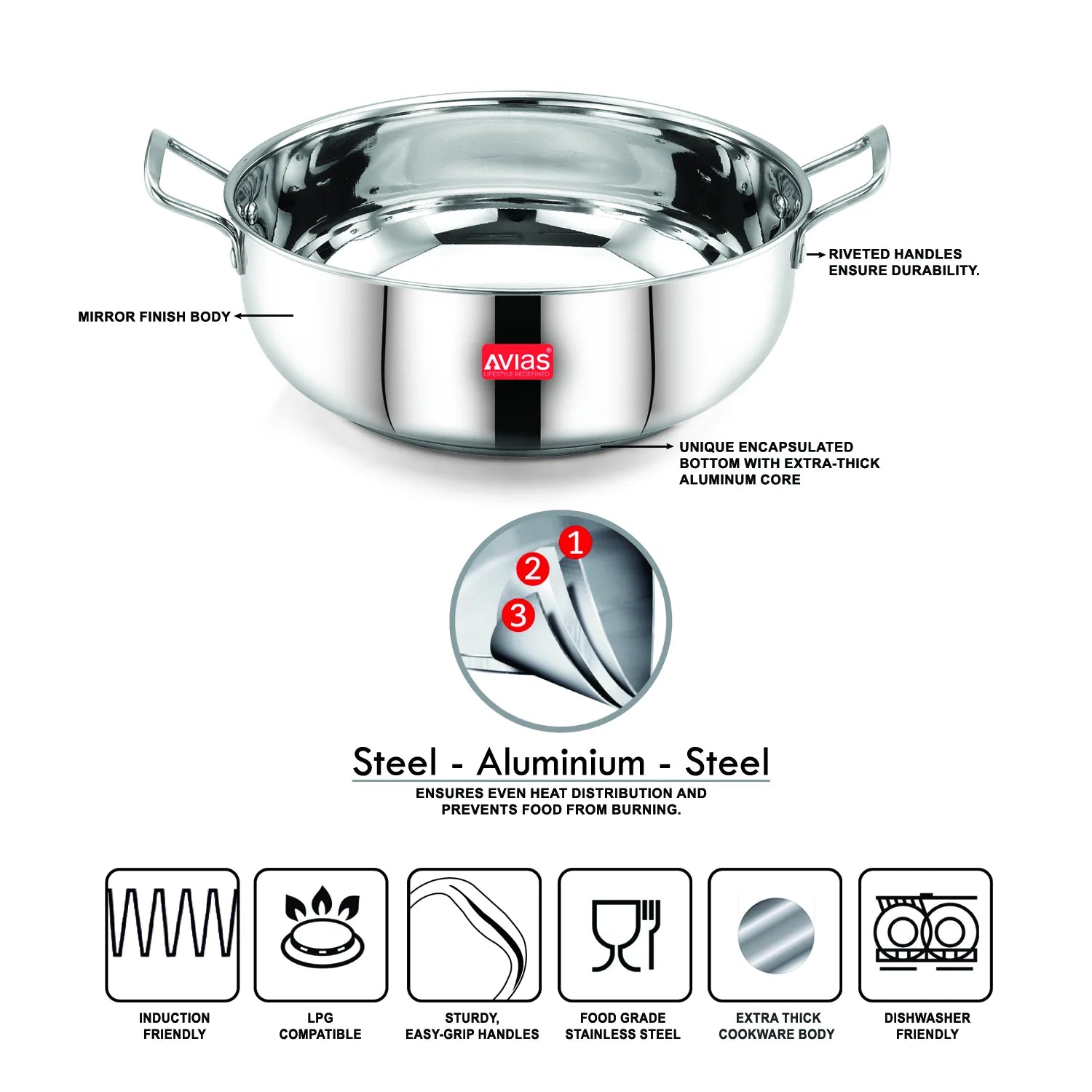 AVIAS Inox IB stainless steel kadai set of 3 | High Quality Stainless Steel | Silver glossy finish | Riveted handles | Sandwich bottom |  20cm/ 22cm/ 24cm