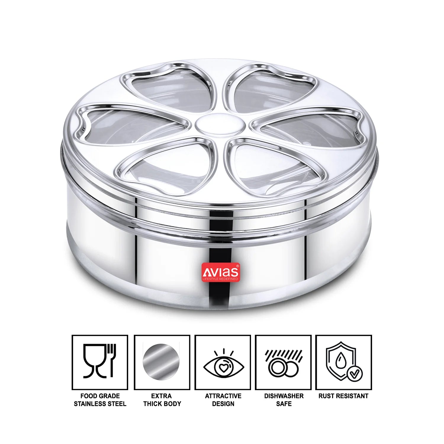 AVIAS stainless steel Petal spice box with see-through lid features