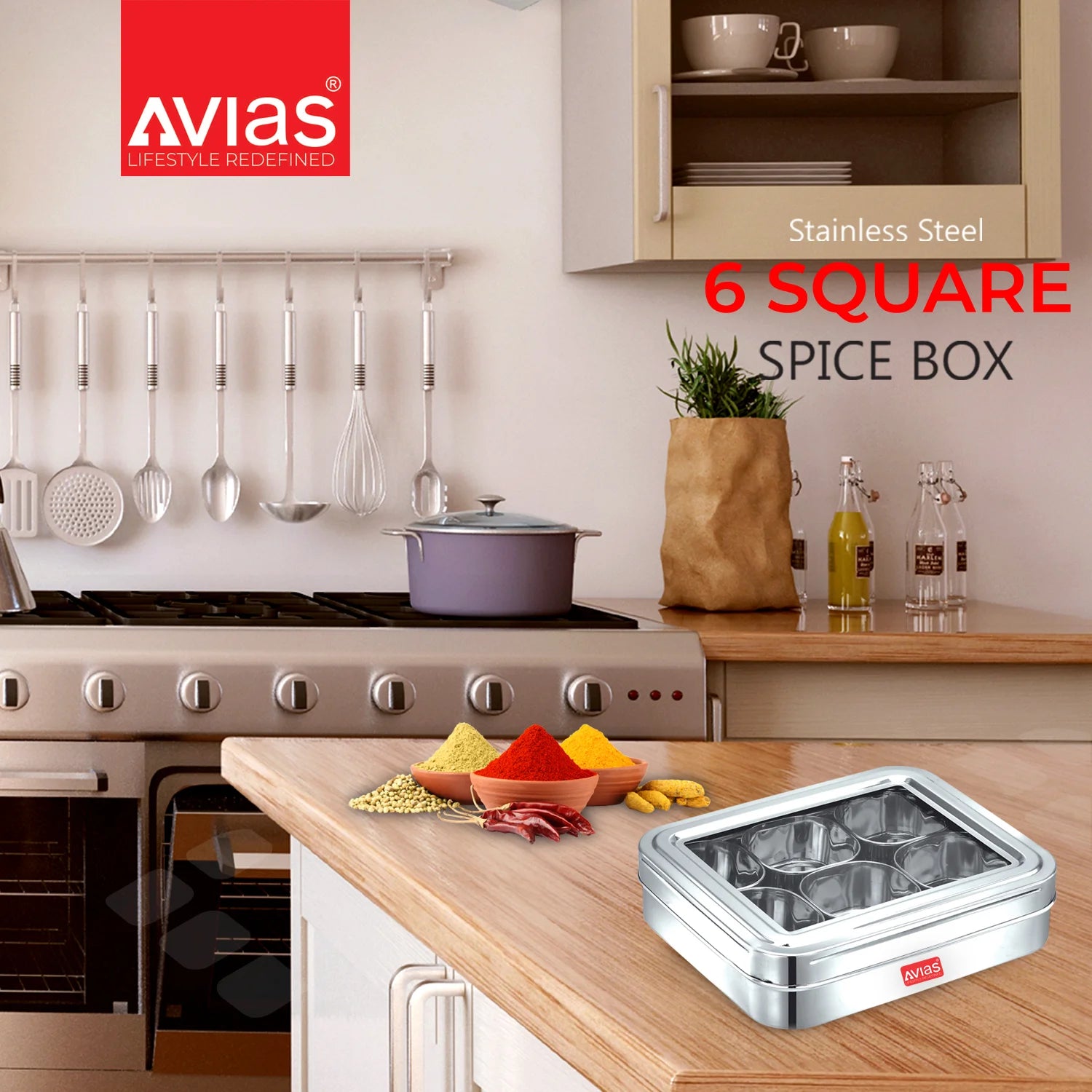 AVIAS Dry Fruit/ Spice Box- 6 Square Spice Box in the kitchen