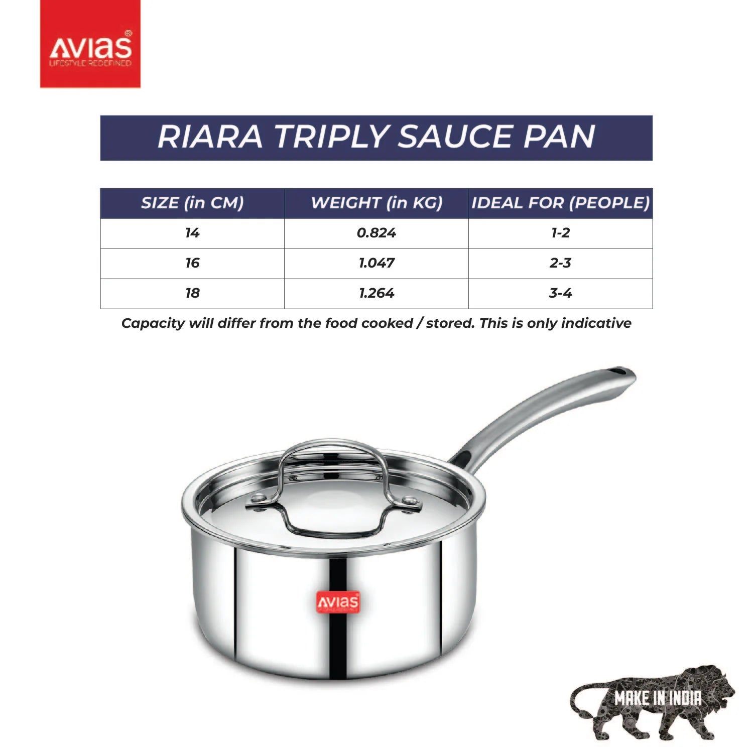 AVIAS Riara premium stainless steel Triply Saucepan with steel lid