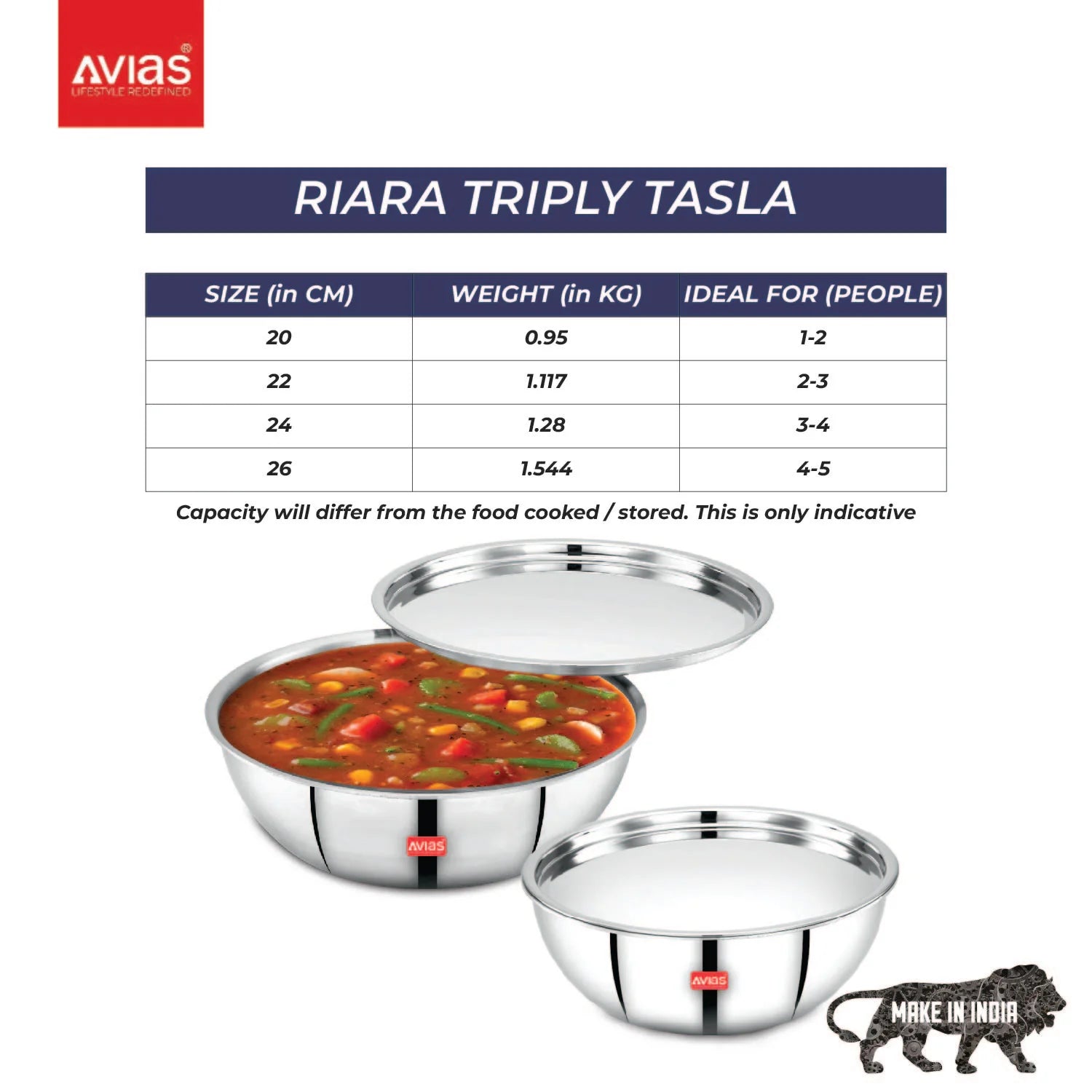 AVIAS Riara premium stainless steel Triply Tasla with steel lid