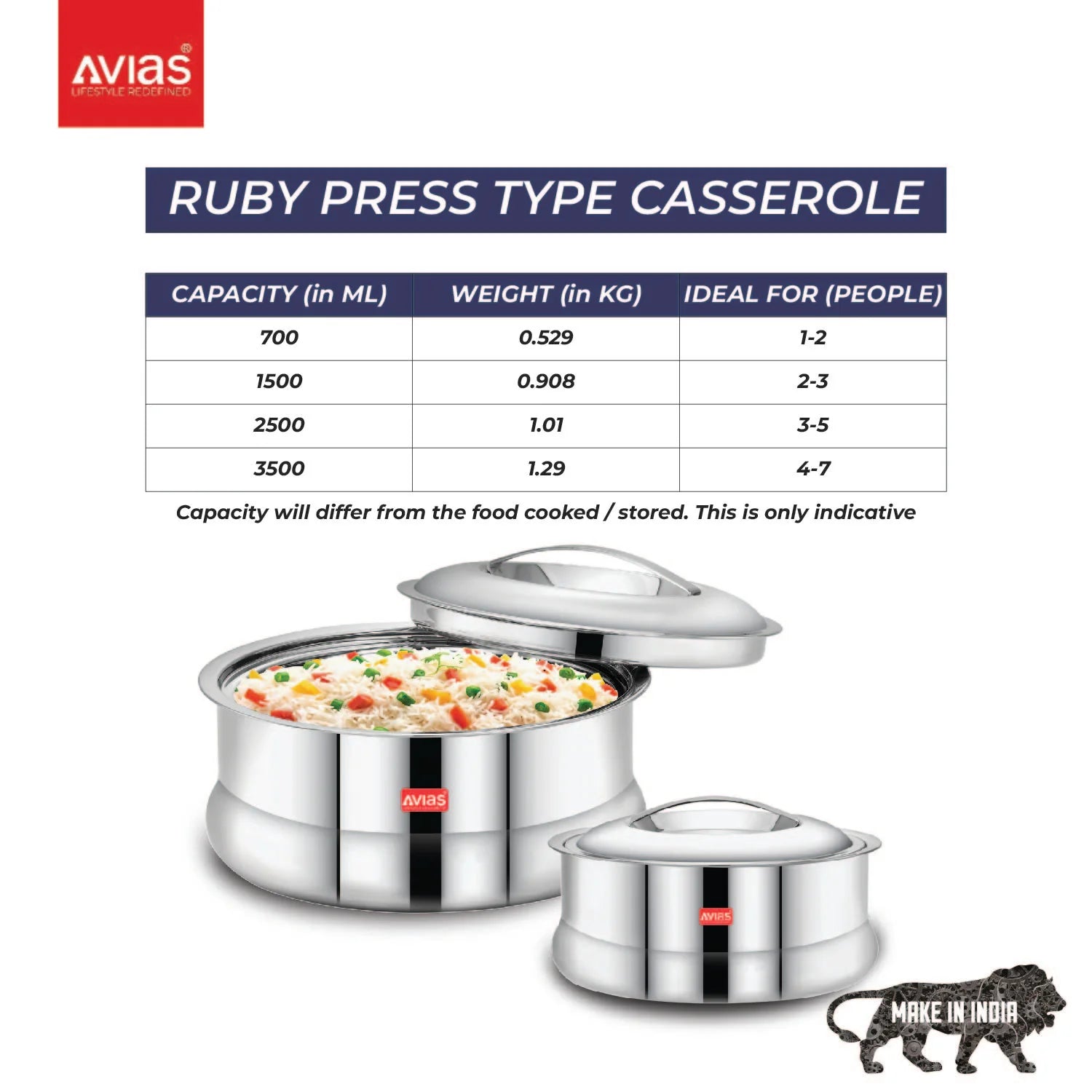 AVIAS Ruby Casserole | Casserole/ hotpot/ hot case | Retains temperature | Curry , Gravy, Rice serveware | Size- 700ml/1500ml/2500ml/3500ml