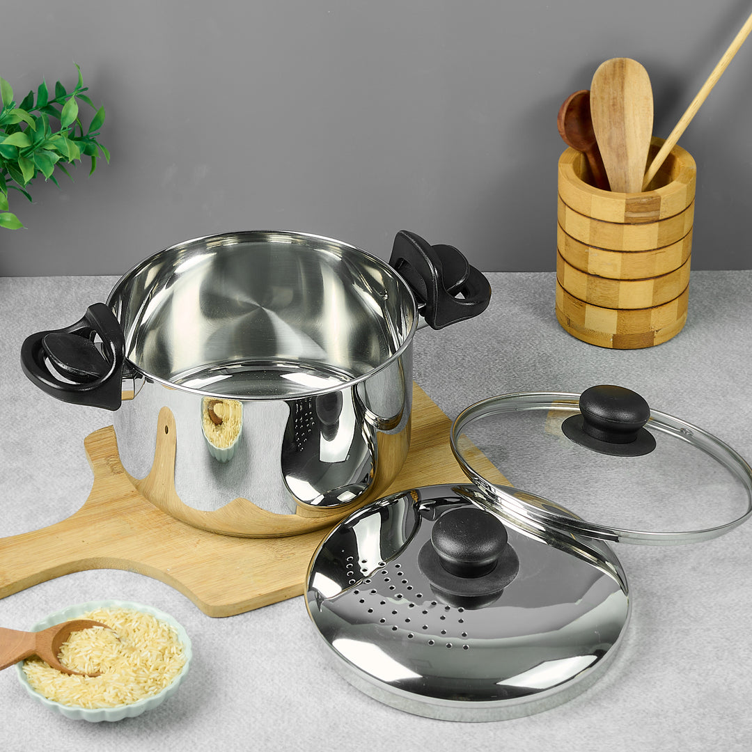 Avias Stainless Steel Strainer Pot 3.7L | Built-in Strainer + Glass Lid | Induction Compatible
