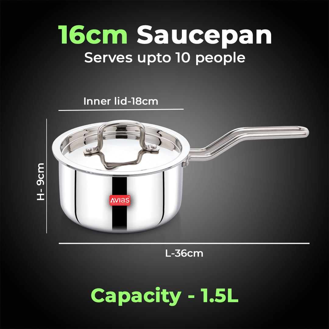 AVIAS AVI3 Triply Sauce Pan, 14 / 16 / 18 cm Stainless Steel Sauce Pan with Lid, 3 Layer, Steel Casted Handles, Flat Bottom Sauce Pan with Induction Base, 2.5 Mm Thickness, 1.1 / 1.5 / 2  Litre Capacity