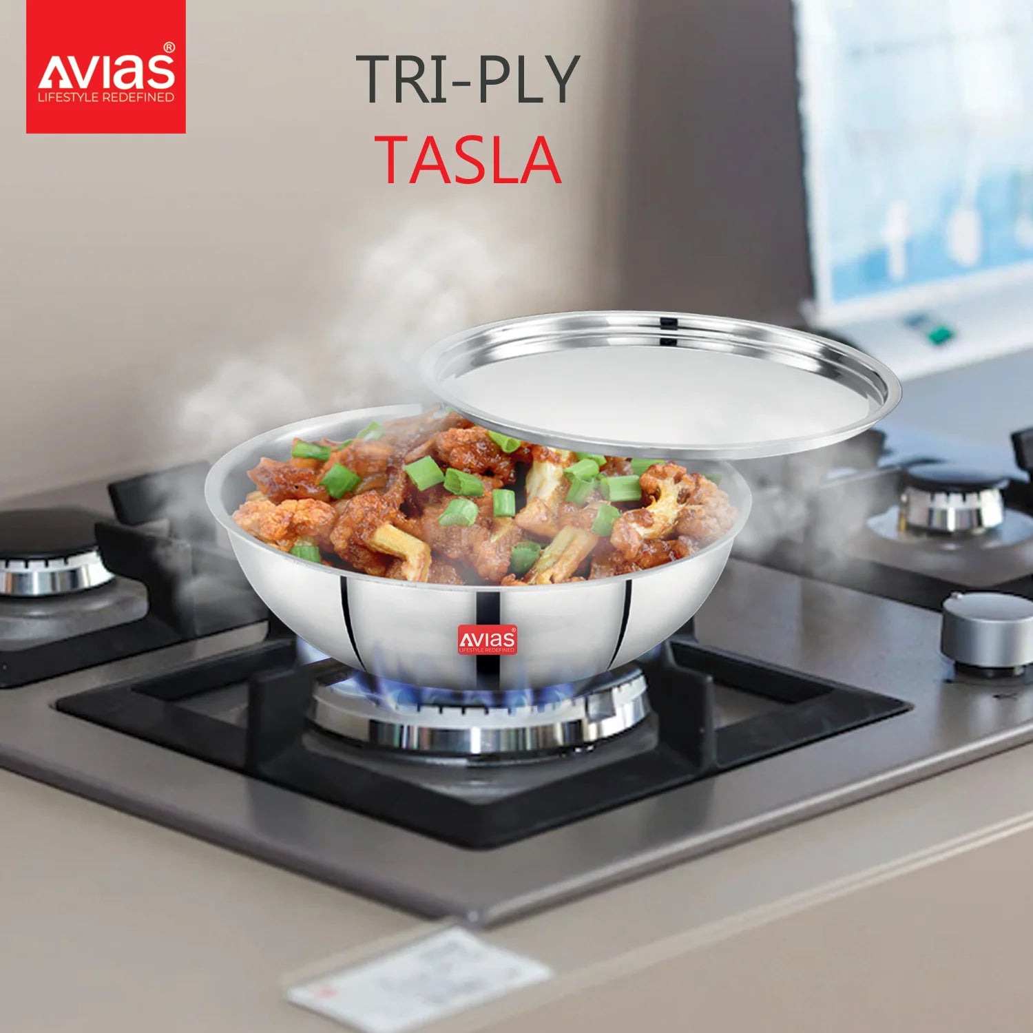 AVIAS Riara premium stainless steel Triply Tasla on stove for cooking quality food