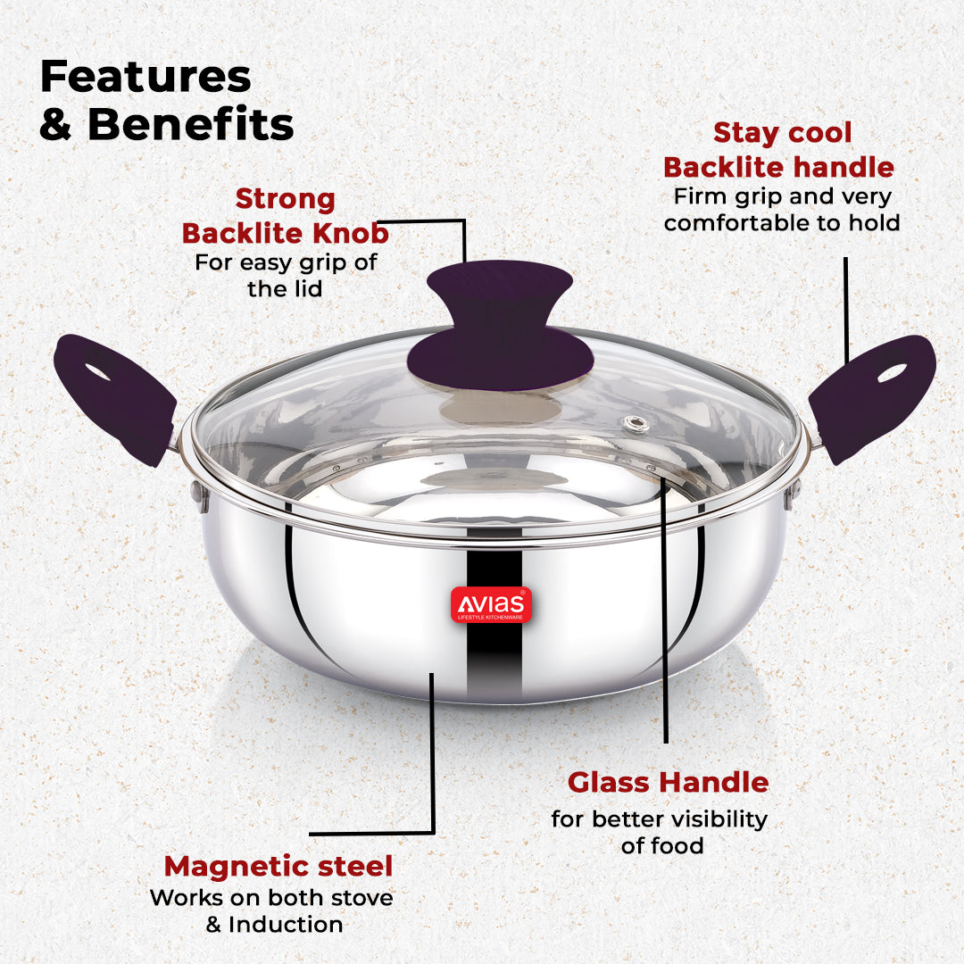 AVIAS Inox Stainless Steel 4 Pc Cookware Set, 22 cm Kadai with Glass Lid, 22 cm Frypan, 16 cm Sauce Pan, Triply Bottom
