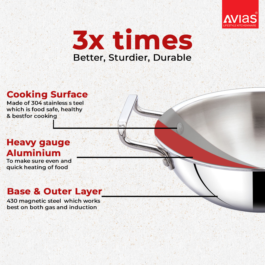AVIAS AVI3 Triply Kadai, Stainless Steel Kadhai with Glass Lid, 3 Layer, Steel Casted Handles, Flat Bottom Kadhai with Induction Base, 2.5 Mm Thickness, 1.5 Litre Capacity