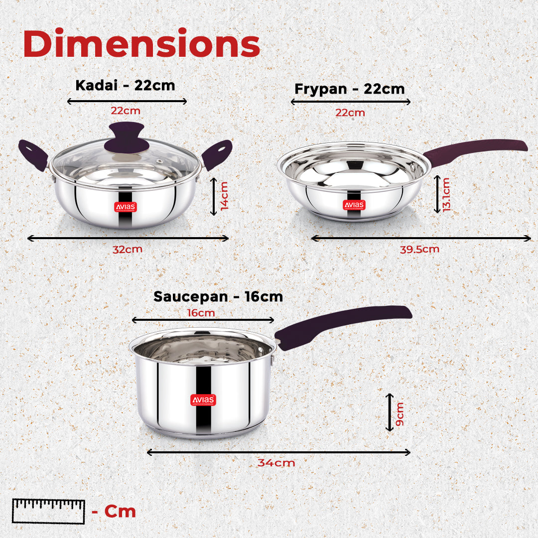 AVIAS Inox Stainless Steel 4 Pc Cookware Set, 22 cm Kadai with Glass Lid, 22 cm Frypan, 16 cm Sauce Pan, Triply Bottom