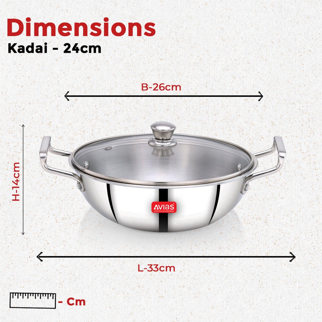 AVIAS AVI3 Triply Kadai, Stainless Steel Kadhai with Glass Lid, 3 Layer, Steel Casted Handles, Flat Bottom Kadhai with Induction Base, 2.5 Mm Thickness, 1.5 Litre Capacity