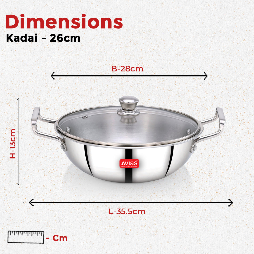 AVIAS AVI3 Triply Kadai, Stainless Steel Kadhai with Glass Lid, 3 Layer, Steel Casted Handles, Flat Bottom Kadhai with Induction Base, 2.5 Mm Thickness, 1.5 Litre Capacity