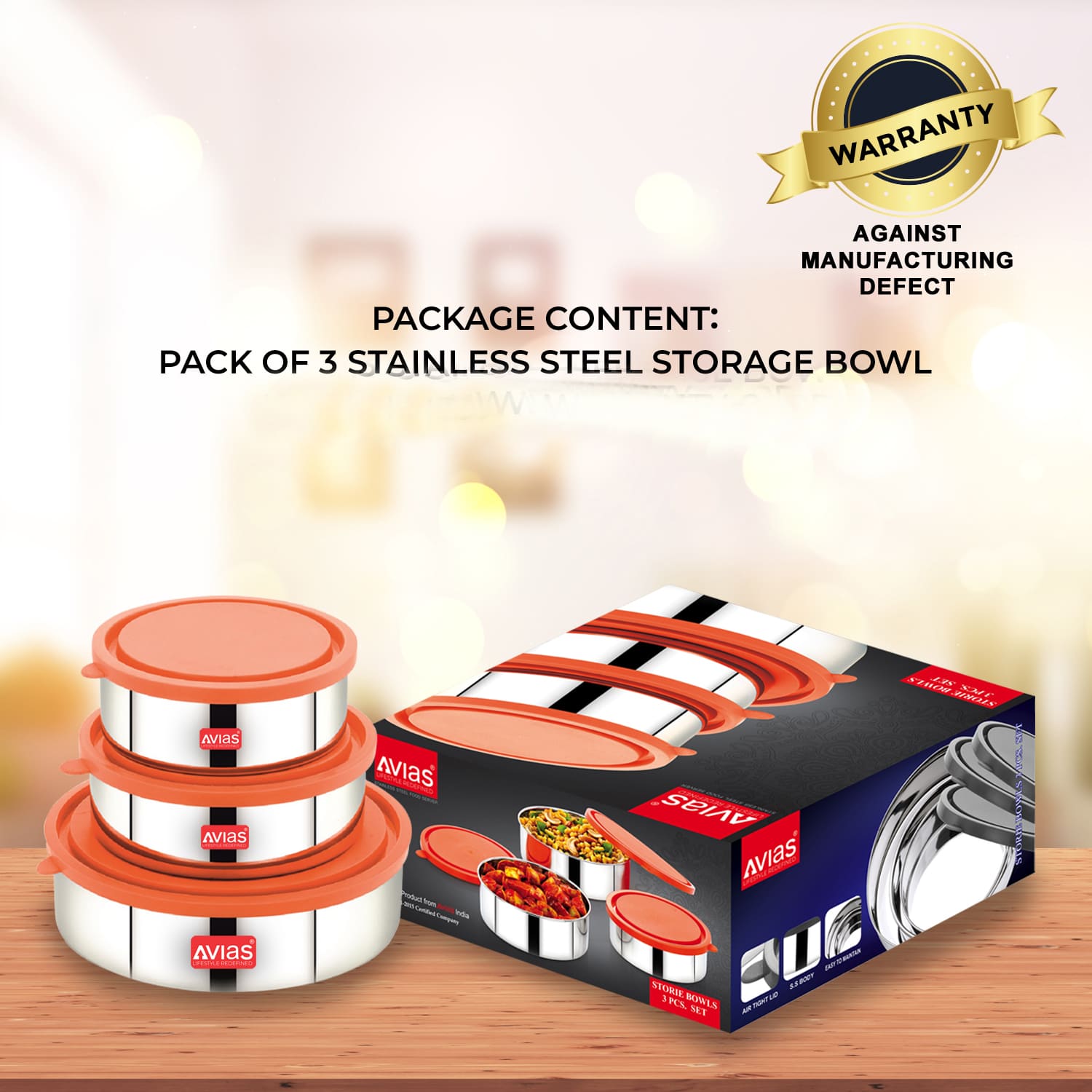AVIAS Storie Bowls Set | Premium quality stainless steel | Air tight lid | Hygienic and Elegant | 3 Pcs