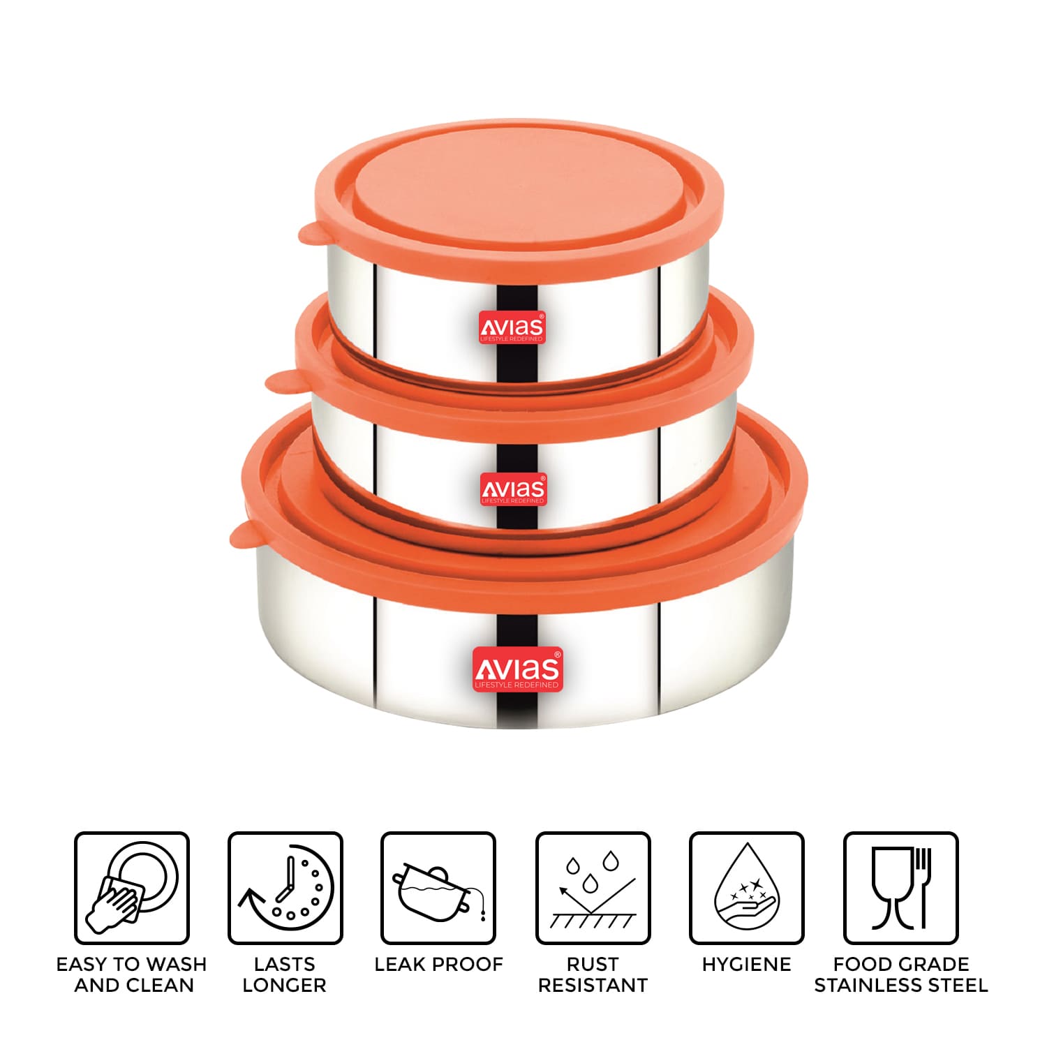 AVIAS Storie Bowls Set | Premium quality stainless steel | Air tight lid | Hygienic and Elegant | 3 Pcs