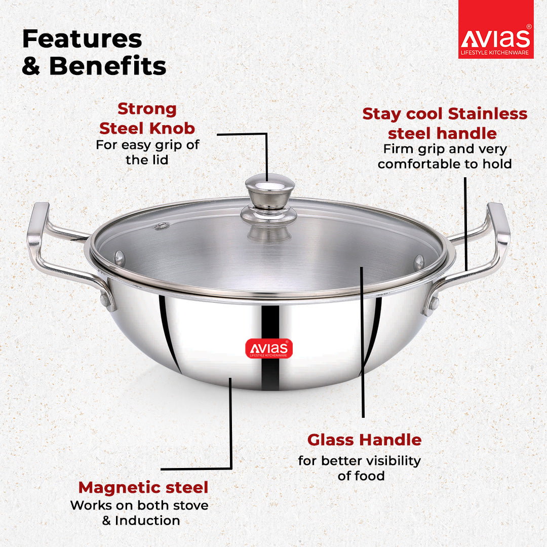 AVIAS AVI3 Triply Kadai, Stainless Steel Kadhai with Glass Lid, 3 Layer, Steel Casted Handles, Flat Bottom Kadhai with Induction Base, 2.5 Mm Thickness, 1.5 Litre Capacity