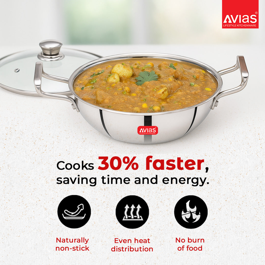 AVIAS AVI3 Triply Kadai, Stainless Steel Kadhai with Glass Lid, 3 Layer, Steel Casted Handles, Flat Bottom Kadhai with Induction Base, 2.5 Mm Thickness, 1.5 Litre Capacity