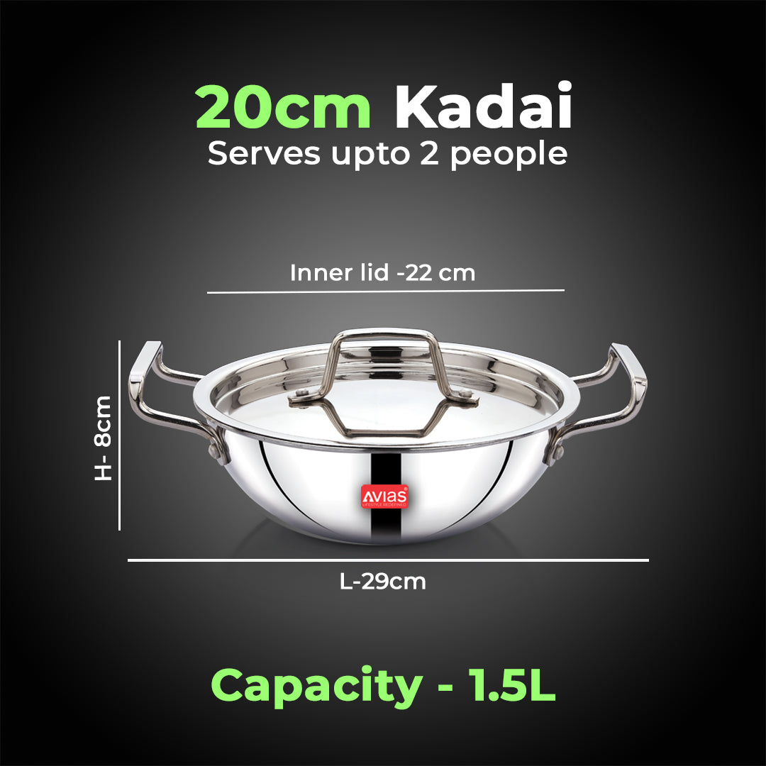 AVIAS AVI3 Triply Kadai, 20 / 22 / 24 / 26 cm Stainless Steel Kadhai with Lid, 3 Layer, Steel Casted Handles, Flat Bottom Kadhai with Induction Base, 2.5 Mm Thickness, 1.5 / 2 / 2.5 / 3.25 Litre Capacity