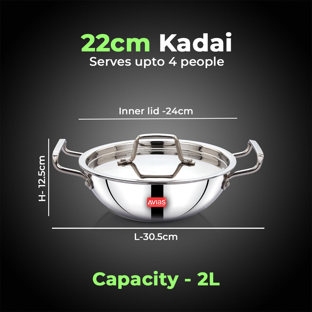 AVIAS AVI3 Triply Kadai, 20 / 22 / 24 / 26 cm Stainless Steel Kadhai with Lid, 3 Layer, Steel Casted Handles, Flat Bottom Kadhai with Induction Base, 2.5 Mm Thickness, 1.5 / 2 / 2.5 / 3.25 Litre Capacity