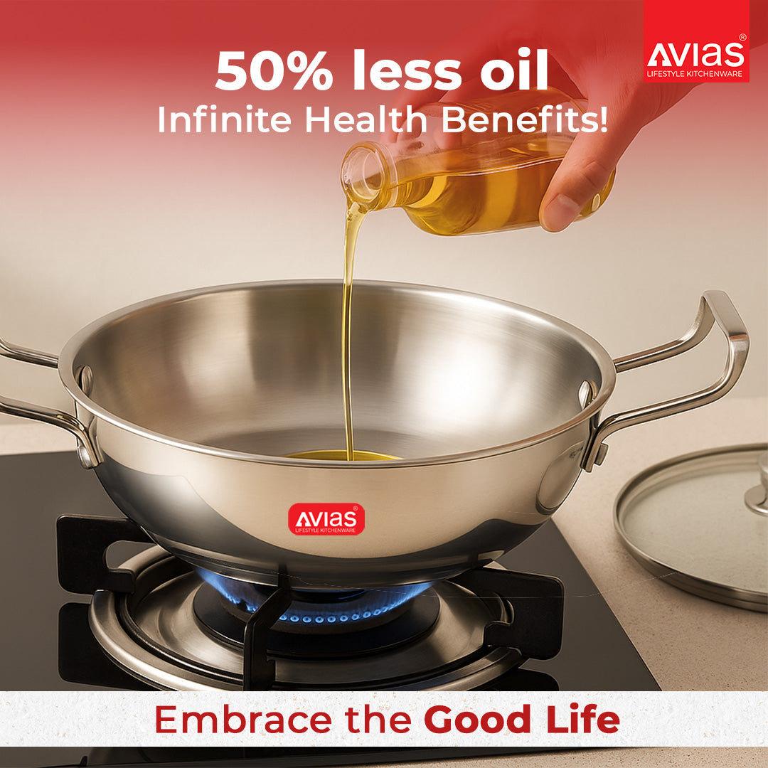AVIAS AVI3 Triply Kadai, Stainless Steel Kadhai with Glass Lid, 3 Layer, Steel Casted Handles, Flat Bottom Kadhai with Induction Base, 2.5 Mm Thickness, 1.5 Litre Capacity