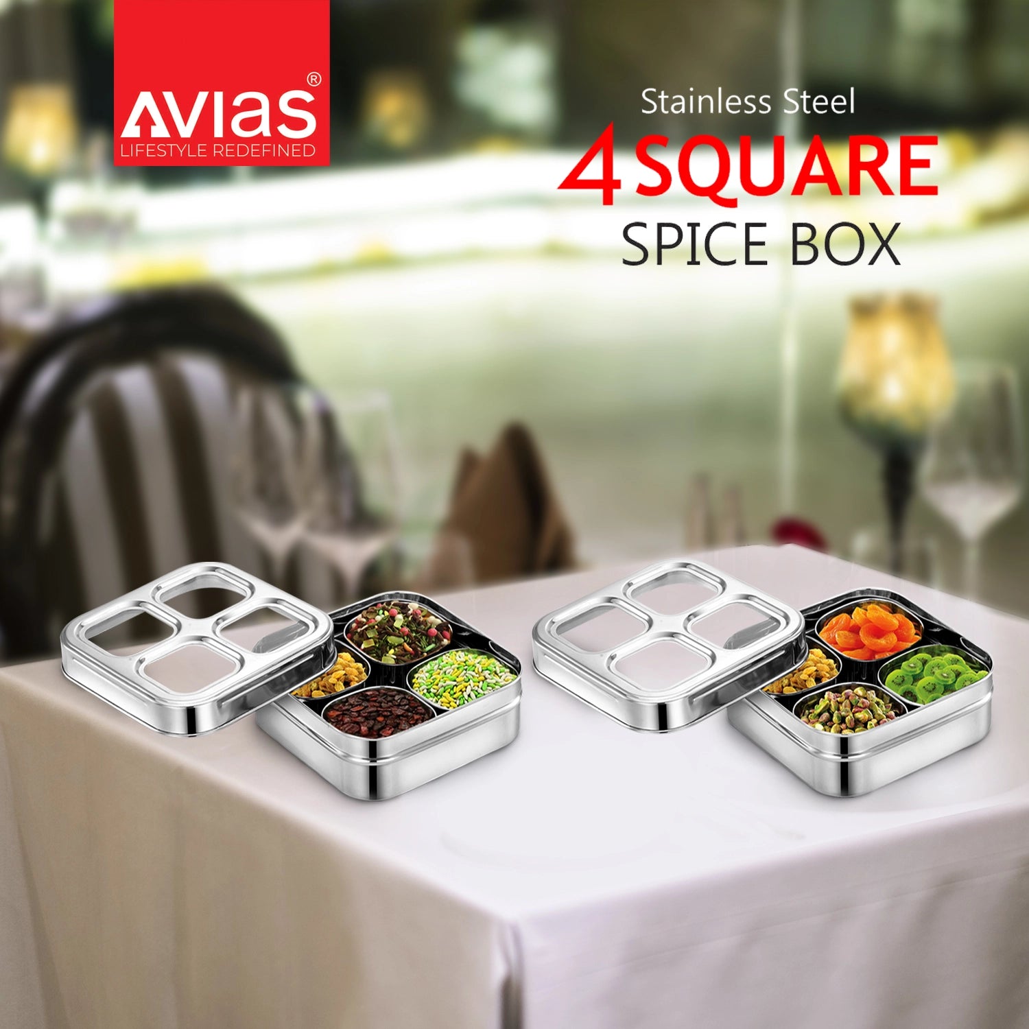 AVIAS 4 Square Stainless Steel Dry Fruit cum Spice box with spices and dry fruits