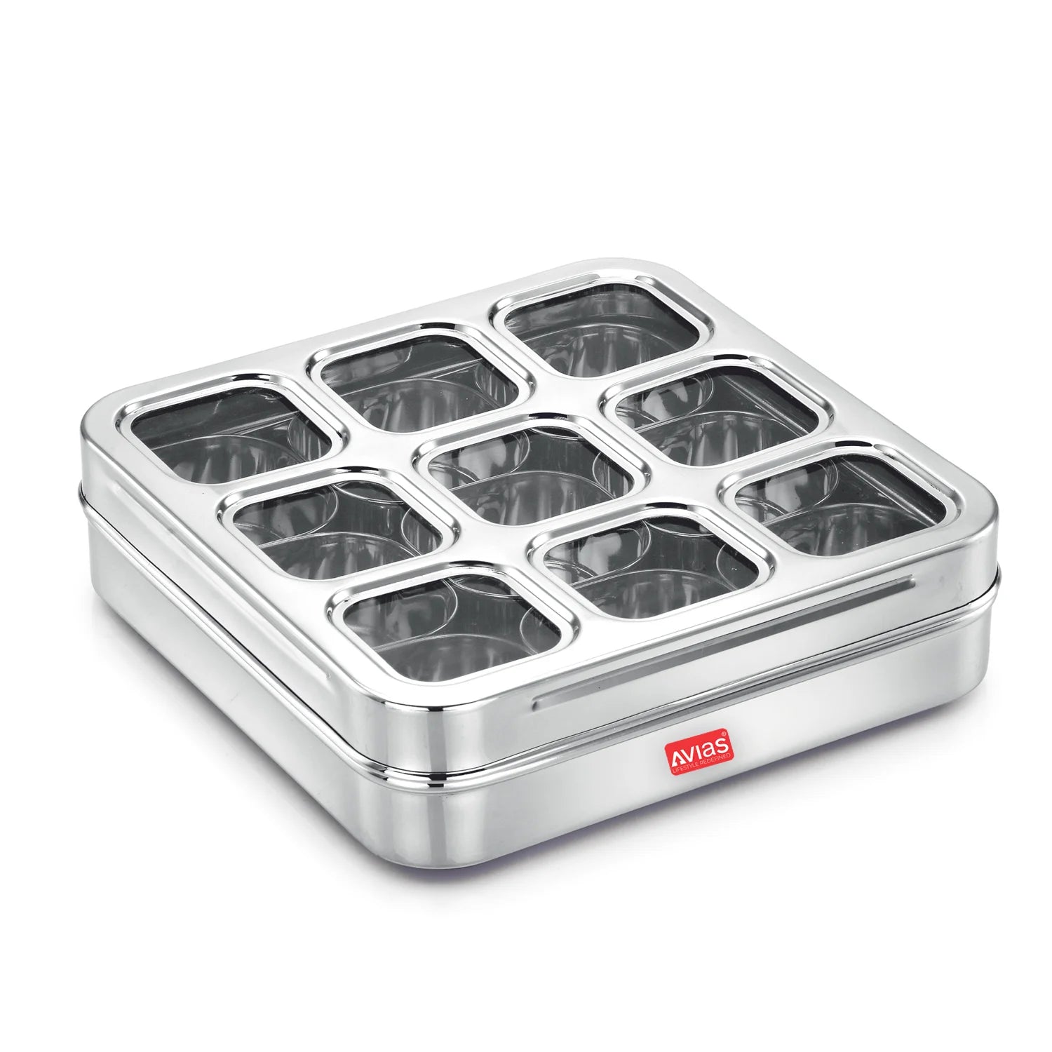 AVIAS stainless steel dry fruit cum spice box with 9 square compartments