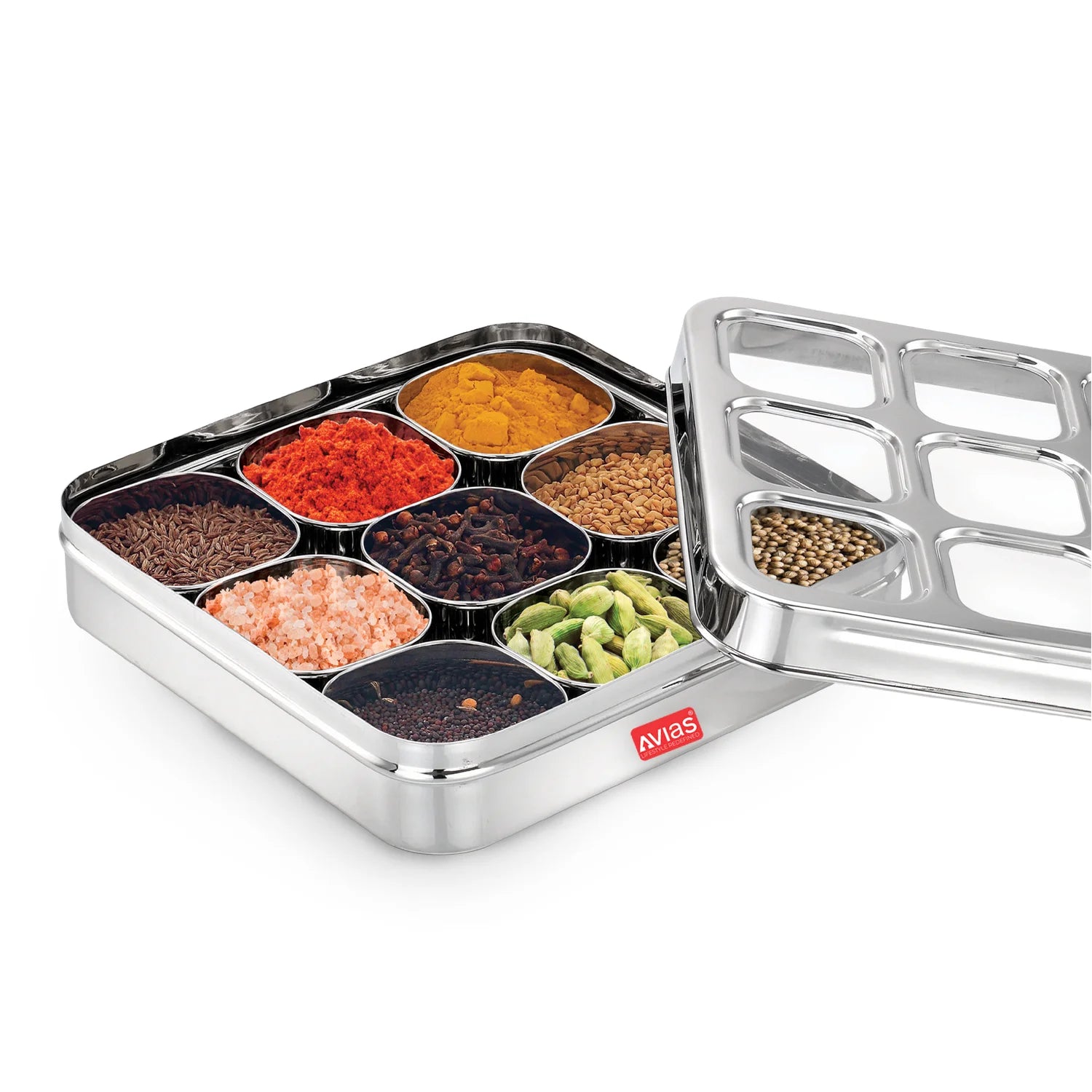 AVIAS stainless steel dry fruit cum spice box with 9 square compartments with spices