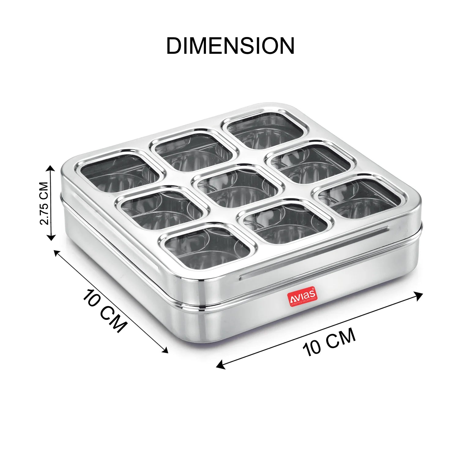 AVIAS stainless steel dry fruit cum spice box with 9 square compartments dimension
