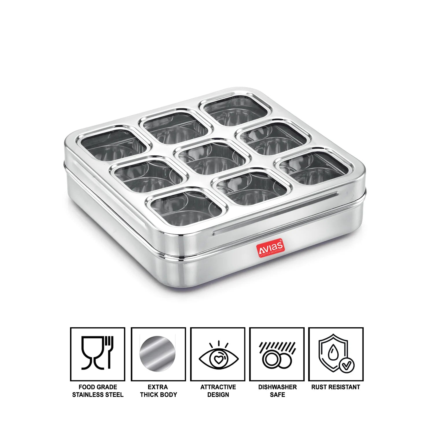 AVIAS stainless steel dry fruit cum spice box with 9 square compartments features