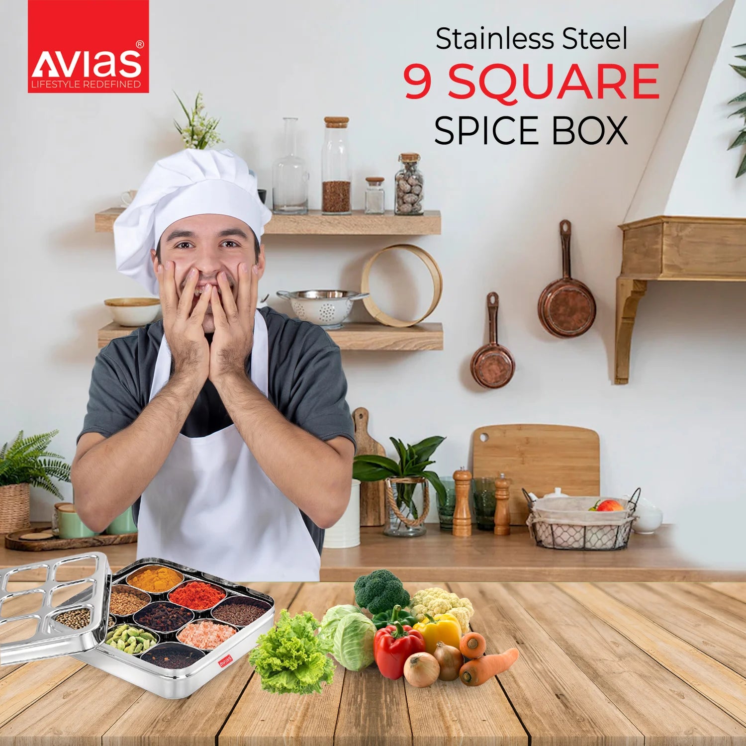 AVIAS stainless steel dry fruit cum spice box with 9 square compartments for kitchen storing spices