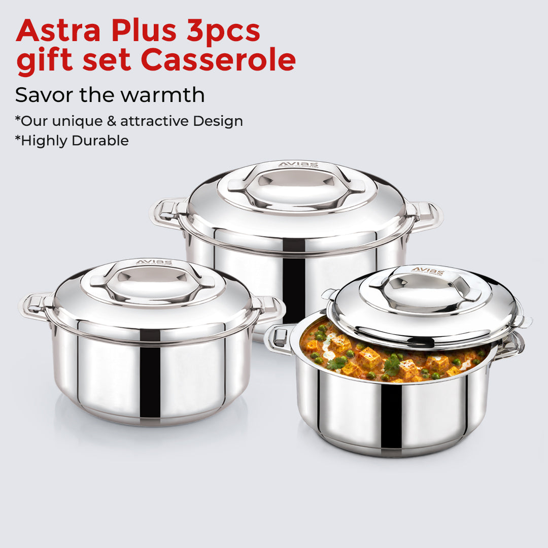 Avias Astra Plus Stainless Steel Insulated Casserole / Hotpot | Double Wall | Gift Set of 3 | 1L,1.5L,2.5L