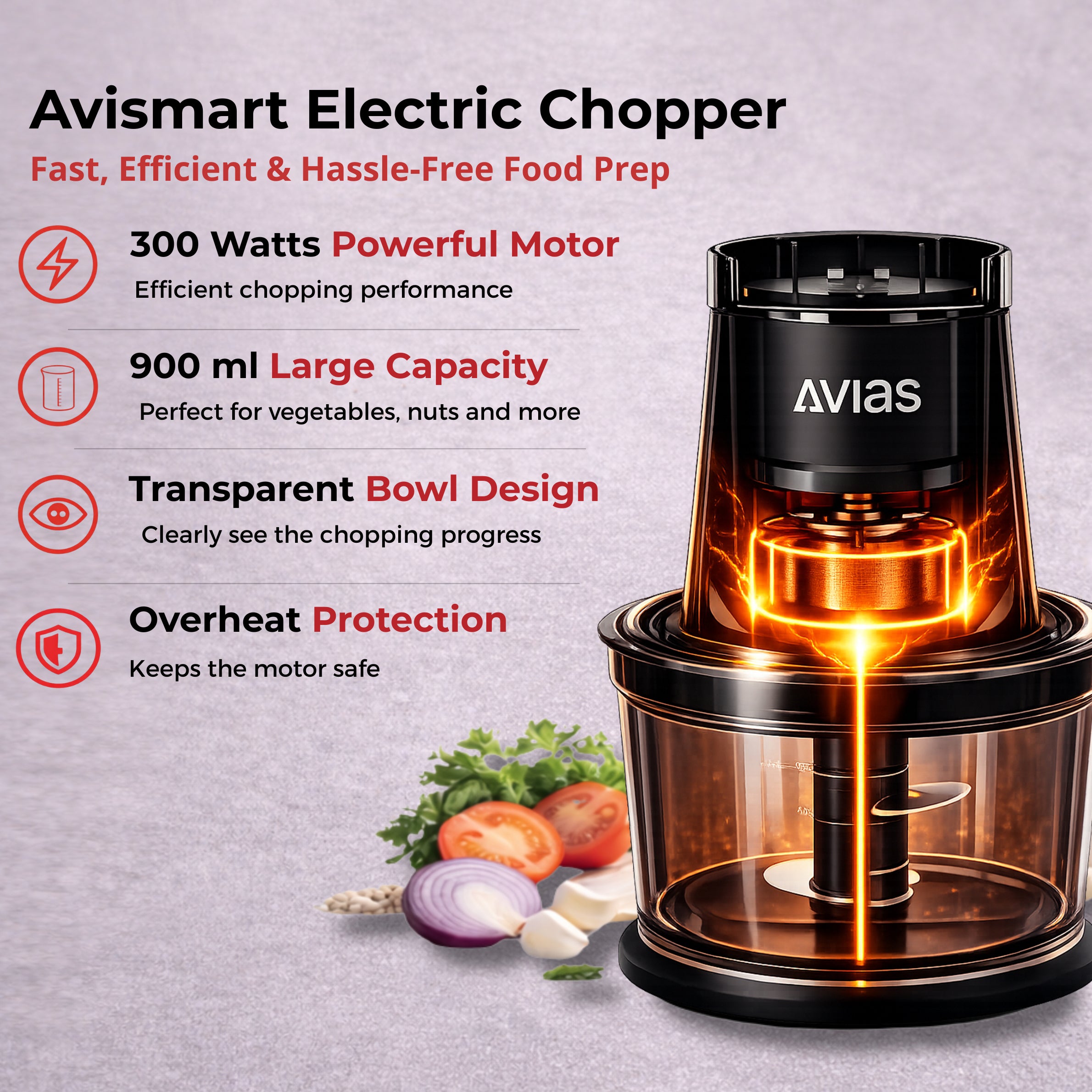 AVIAS Avismart Electric Vegetable Chopper for Kitchen with 2 Speed Modes, 300 Watts Copper Motor, 900 ML | 4 Stainless Steel Blades to Chop Vegetables, Nuts | 2 Years Warranty (Black)