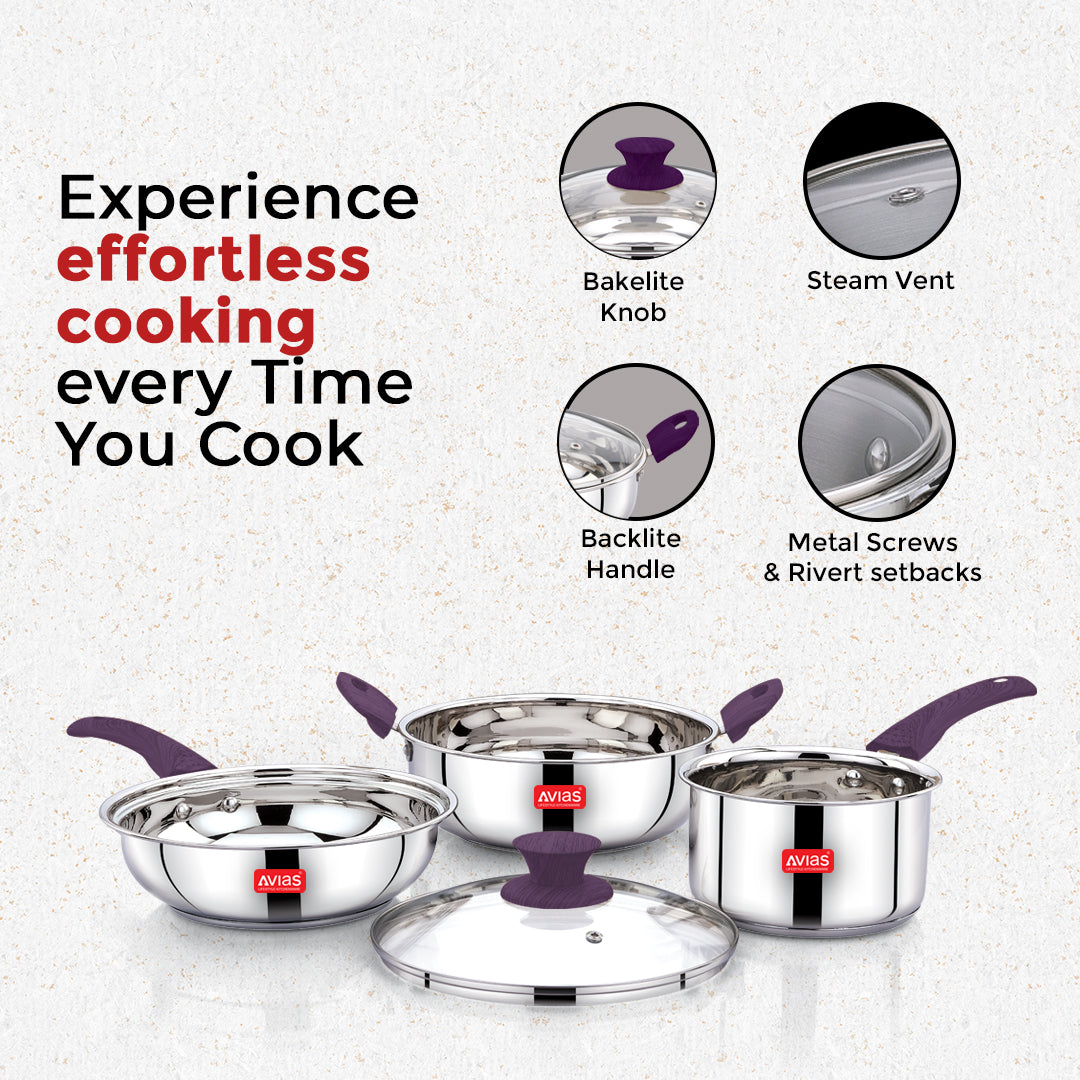 AVIAS Inox Stainless Steel 4 Pc Cookware Set, 22 cm Kadai with Glass Lid, 22 cm Frypan, 16 cm Sauce Pan, Triply Bottom