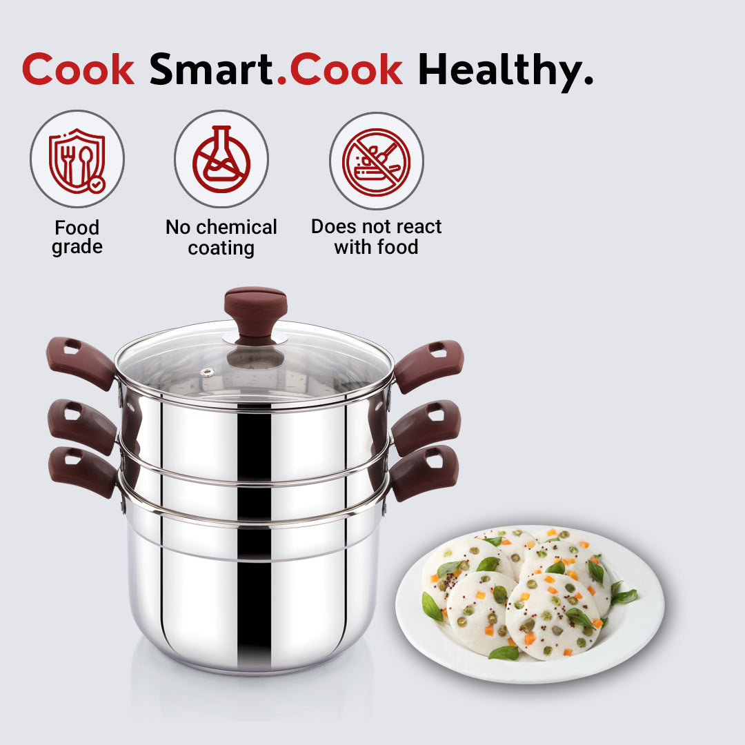 Avias Kitchen Pro Multipurpose Cookpot with Glass Lid Included Steamer, Strainer and 4 Idly Plates (16 Idlies) for Easy Cooking, Triply Bottom