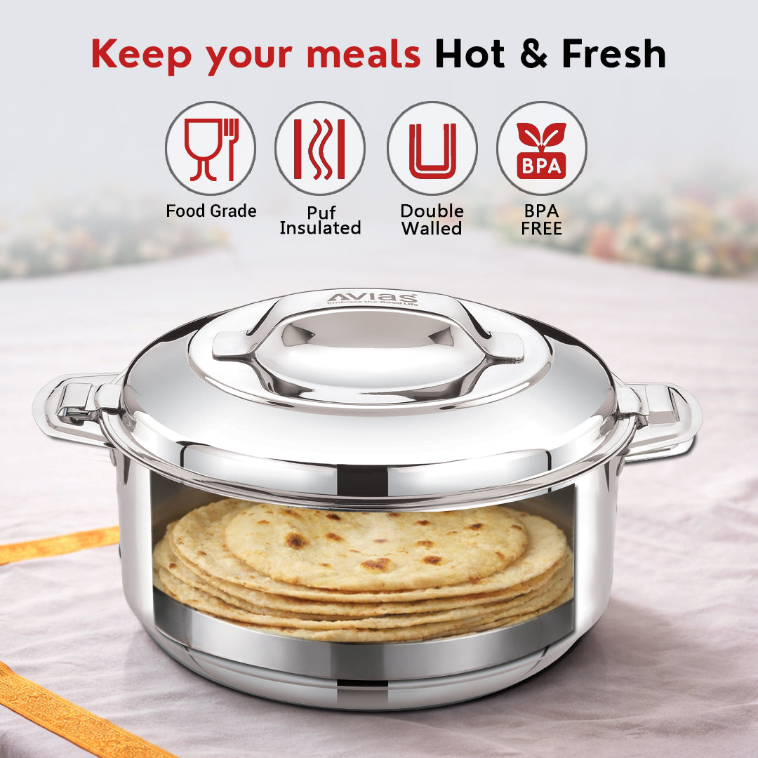 Avias Astra Plus Stainless Steel Insulated Casserole / Hotpot | Double Wall | Gift Set of 3 | 1L,1.5L,2.5L