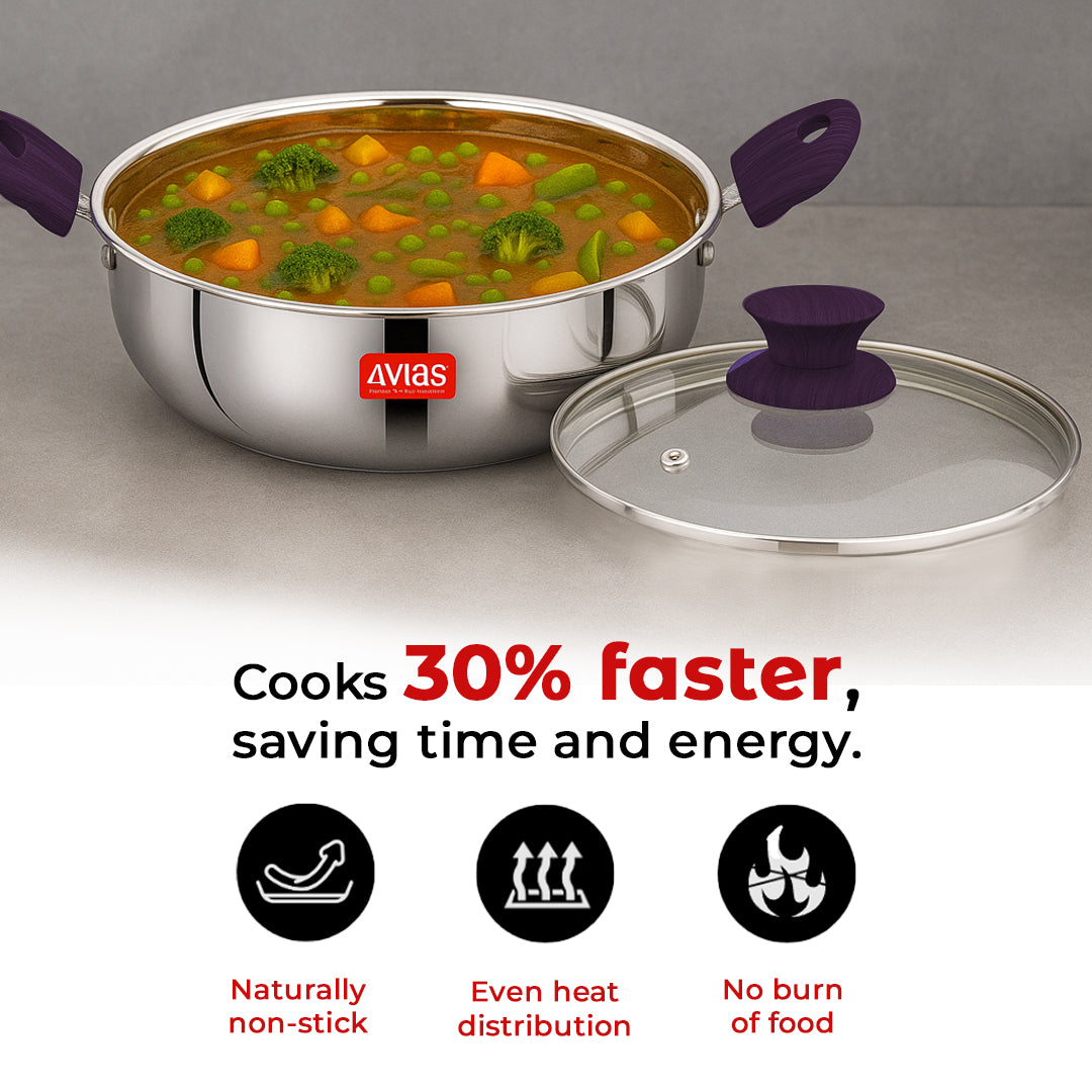 AVIAS Inox Stainless Steel 4 Pc Cookware Set, 22 cm Kadai with Glass Lid, 22 cm Frypan, 16 cm Sauce Pan, Triply Bottom