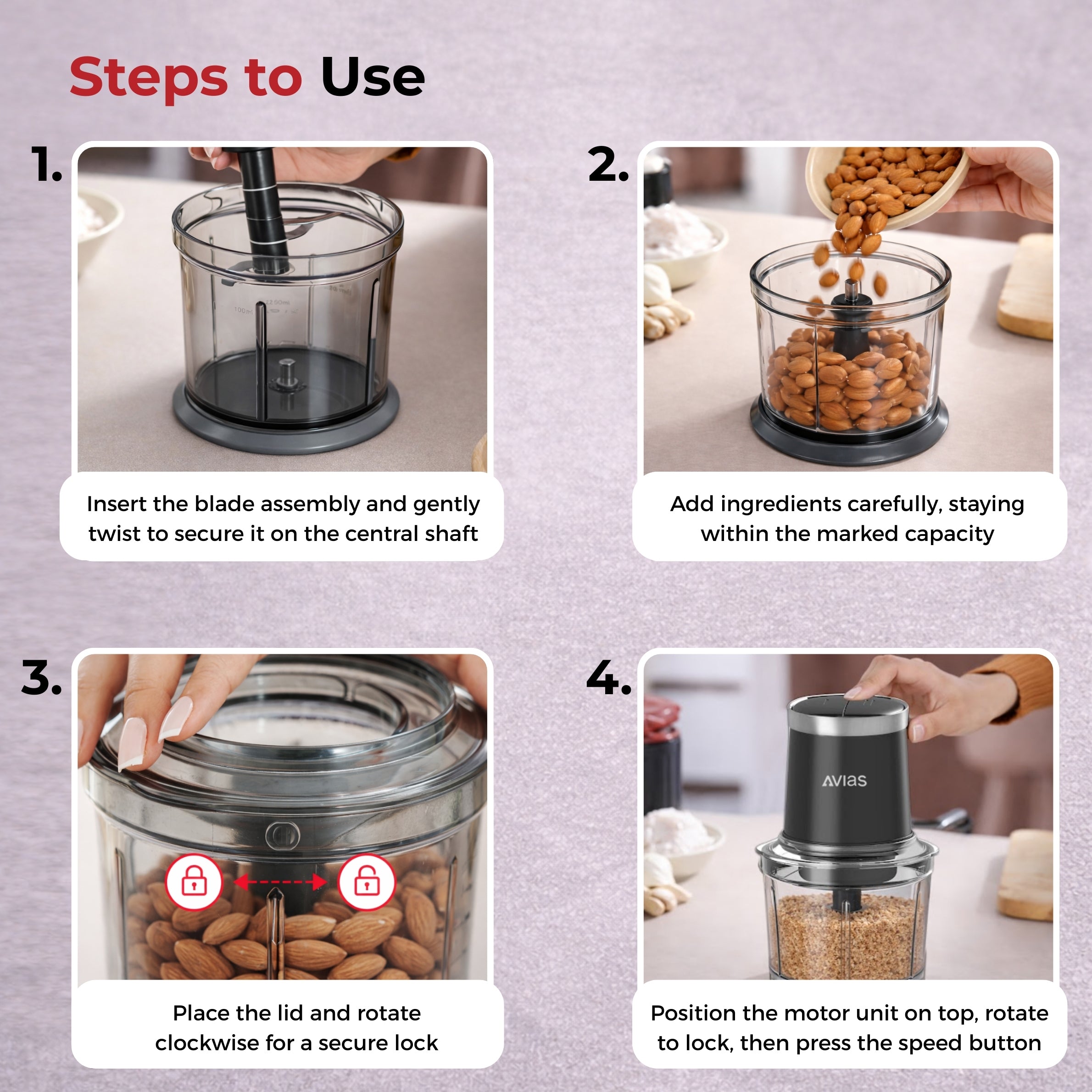 AVIAS Avismart Electric Vegetable Chopper for Kitchen with 2 Speed Modes, 300 Watts Copper Motor, 900 ML | 4 Stainless Steel Blades to Chop Vegetables, Nuts | 2 Years Warranty (Black)