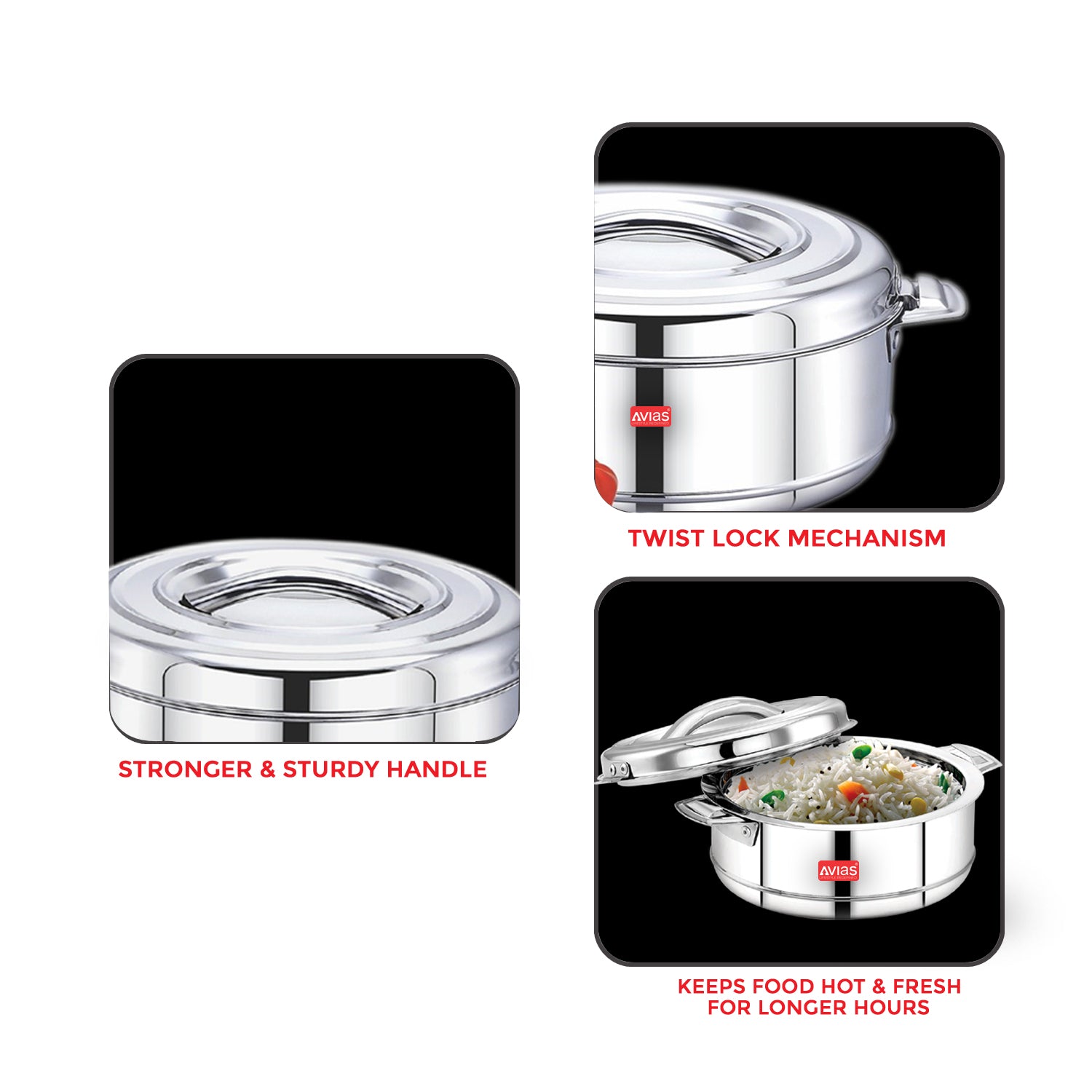 AVIAS Astra Casserole/Hotpot | Highly durable & odor free | Double wall insulated | Firm twist lock | Sturdy side handles | set of 3-1000 ml / 1500 ml / 2500 ml
