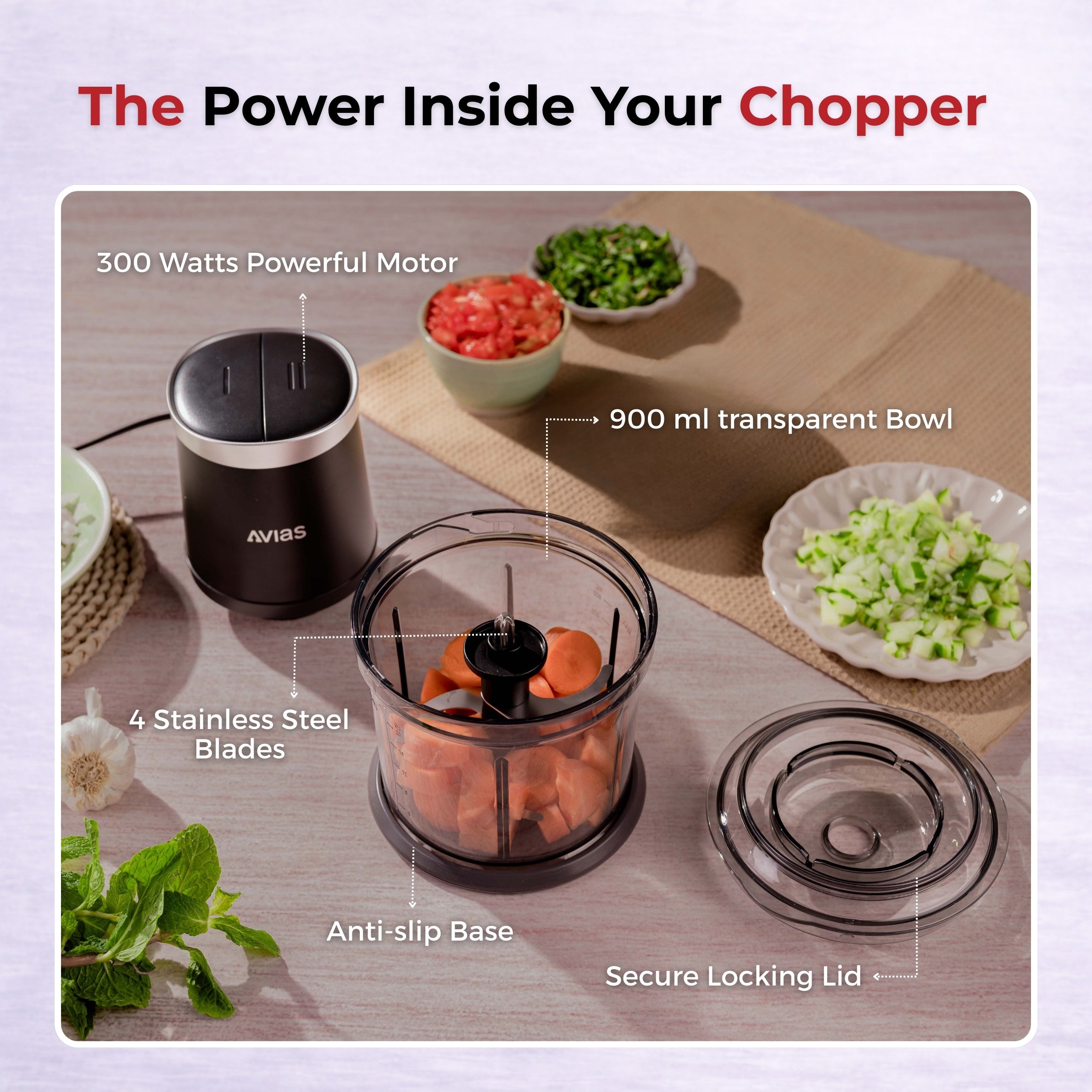 AVIAS Avismart Electric Vegetable Chopper for Kitchen with 2 Speed Modes, 300 Watts Copper Motor, 900 ML | 4 Stainless Steel Blades to Chop Vegetables, Nuts | 2 Years Warranty (Black)