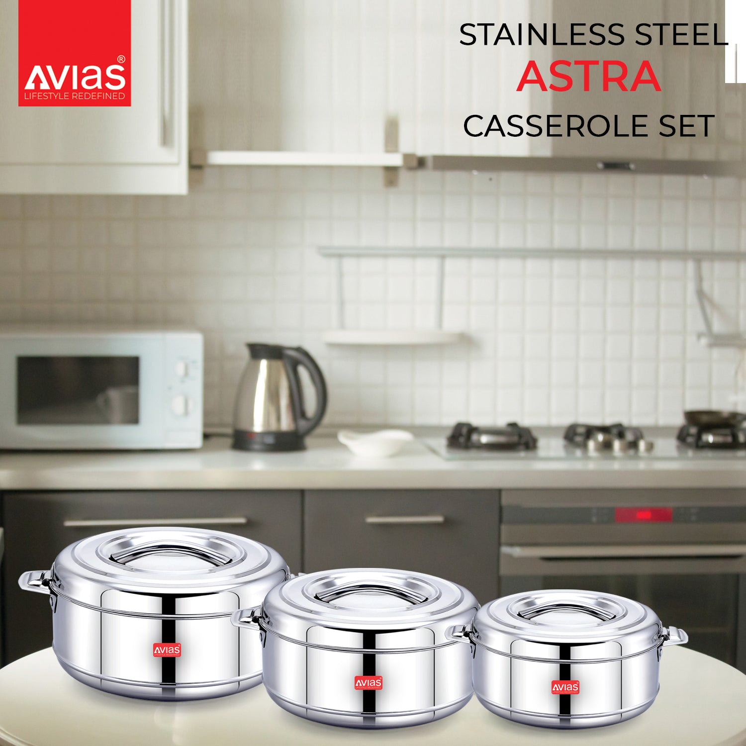 AVIAS Astra Casserole/Hotpot | Highly durable & odor free | Double wall insulated | Firm twist lock | Sturdy side handles | set of 3-1000 ml / 1500 ml / 2500 ml