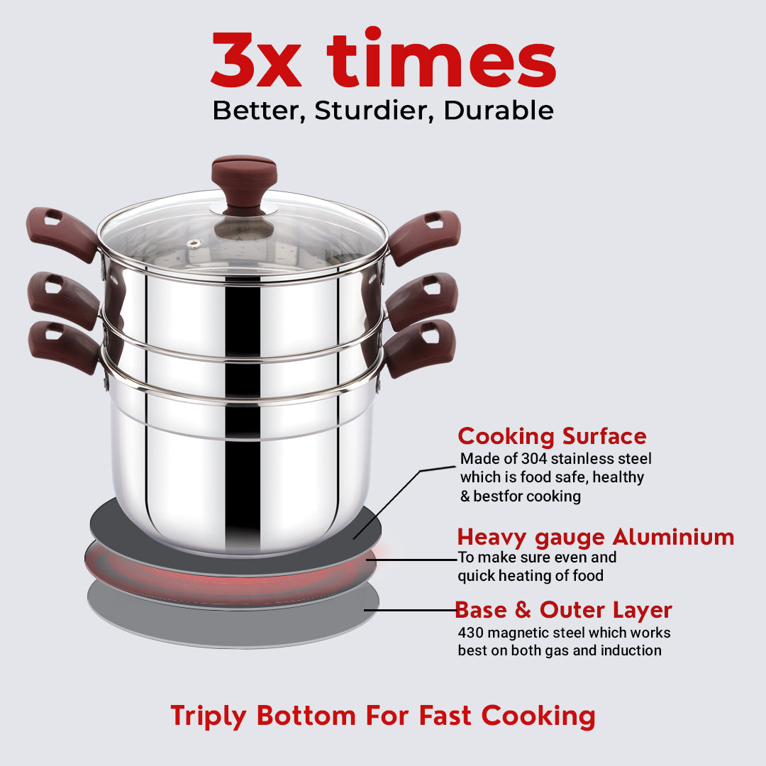 Avias Kitchen Pro Multipurpose Cookpot with Glass Lid Included Steamer, Strainer and 4 Idly Plates (16 Idlies) for Easy Cooking, Triply Bottom