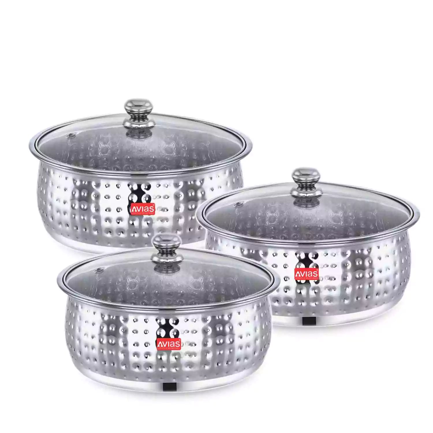 Avias Indus Stainless steel Cookpot 20G Hammered Food Server | Set of 3