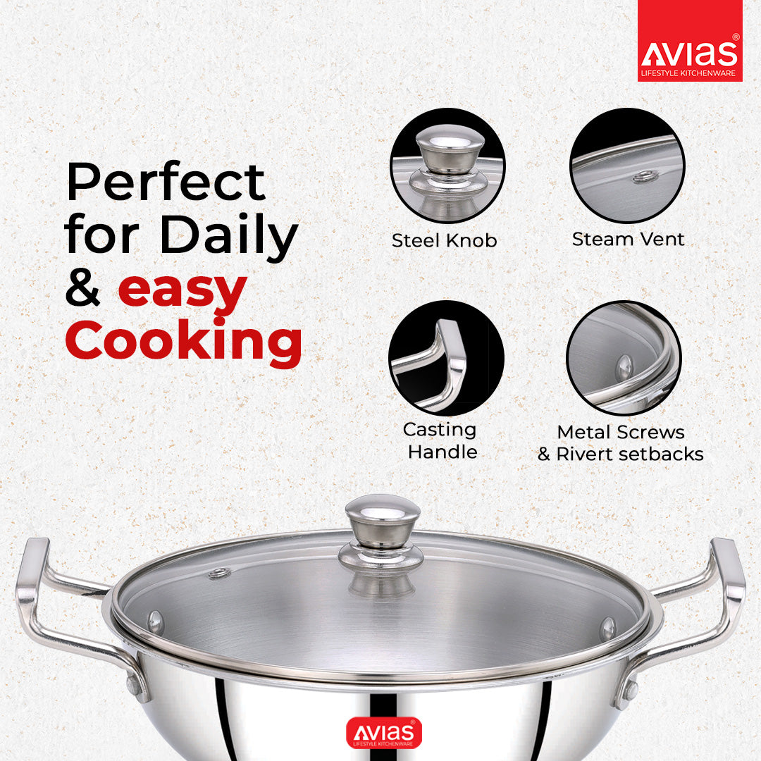 AVIAS AVI3 Triply Kadai, Stainless Steel Kadhai with Glass Lid, 3 Layer, Steel Casted Handles, Flat Bottom Kadhai with Induction Base, 2.5 Mm Thickness, 1.5 Litre Capacity