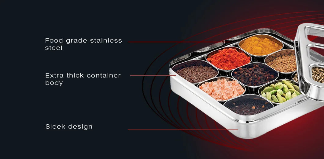 AVIAS stainless steel dry fruit cum spice box with 9 square compartments features