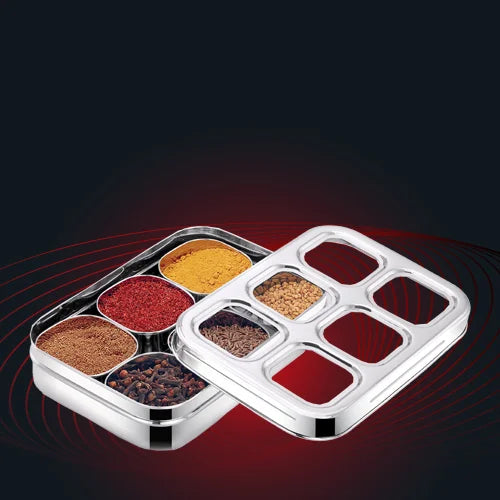 AVIAS stainless steel dry fruit cum spice box with 6 square compartments