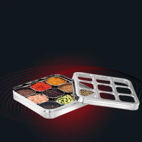 AVIAS stainless steel dry fruit cum spice box with 9 square compartments