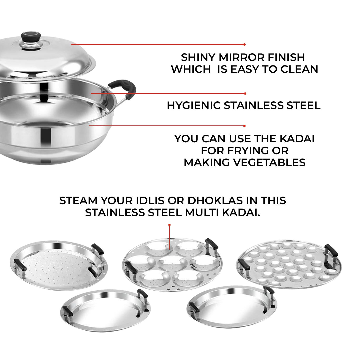 Multipurpose stainless steel kadai with idli plates & dhokla plates